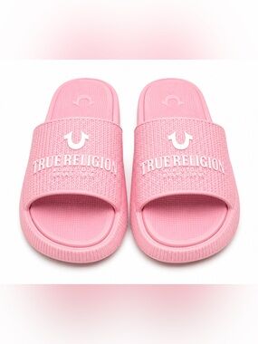 True Religion Bubblegum Pink Logo Slide Sandals